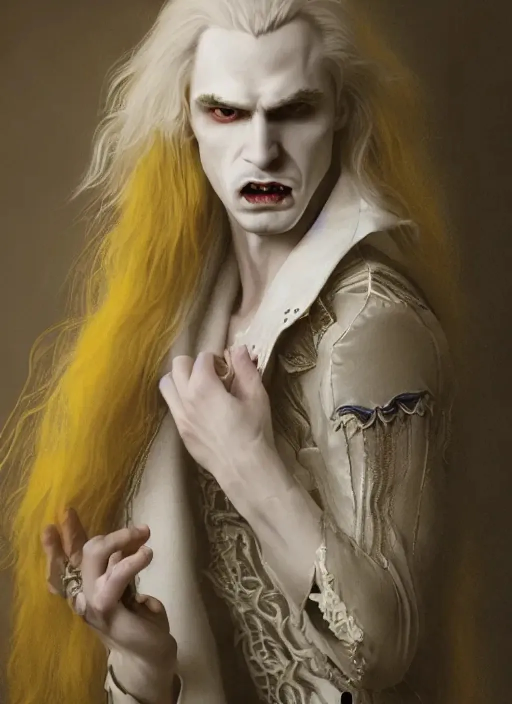 Prompt: Portrait of {the vampire lestat} with {yellow} hair and with cute face, {white background}, perfect composition, hyperrealistic, super detailed, 8k, high quality, trending art, trending on artstation, sharp focus, studio photo, intricate details, highly detailed, by greg rutkowski