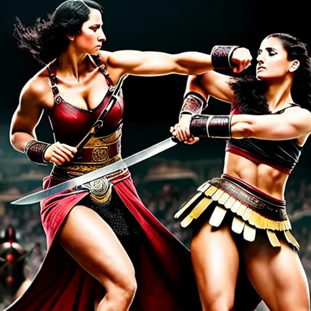 Prompt: digital painting of 2 young roman women gladiators fighting each other with swords in a colosseum of death, menacing, scary, menacing, bloodthirsty,  cinematic, highly detailed, , highly chiseled features, fine body detail, high detail facial features, intricate, very sharp muscular detail, artstation, concept art, smooth, sharp focus, illustration, art by artgerm and Marc Simonetti and Alphonse Mucha