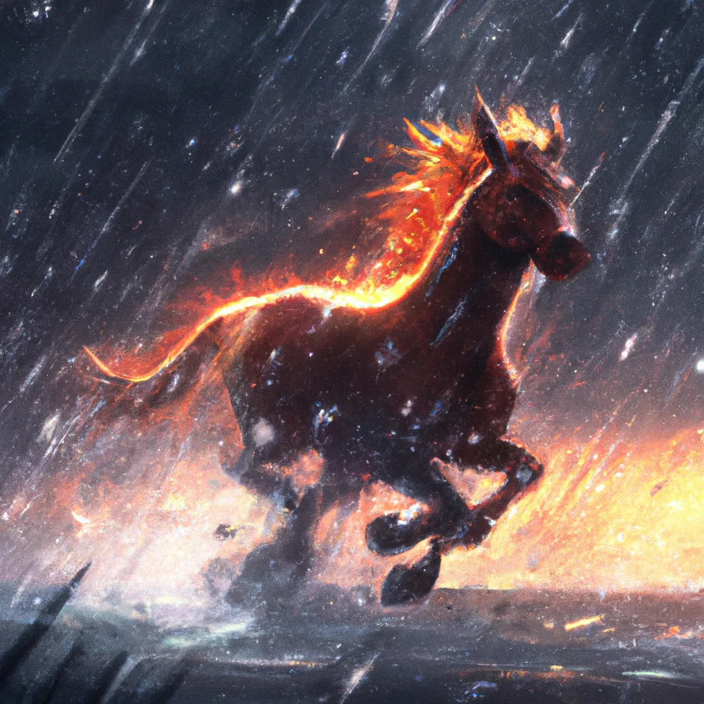 Prompt: flame horse running in heavy rain, digital art 