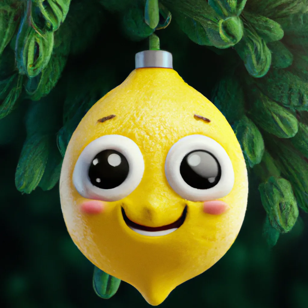 Prompt: A happy smiling kawaii lemon as an ordiment on a christmas tree, Pixar, high resolution realistic