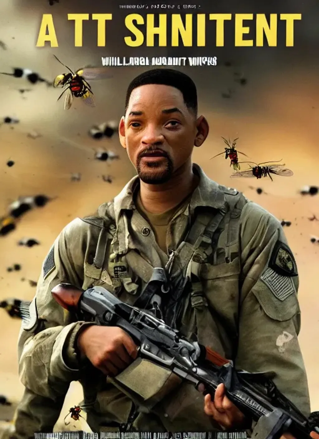 Prompt: A movie poster of Will Smith as an soldier, with giant wasps in the background