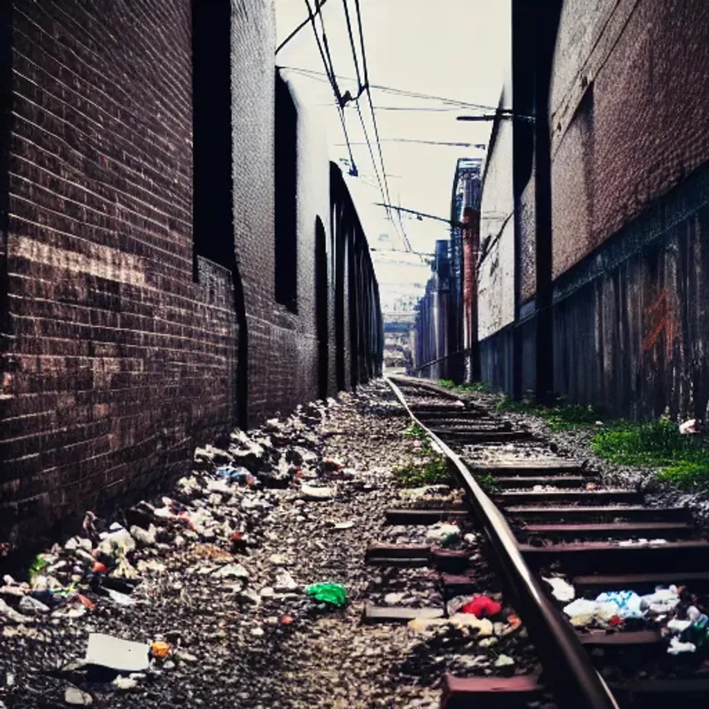 Prompt: abandoned railway in city alley, concrete ground with garbage, brick buildings, low light