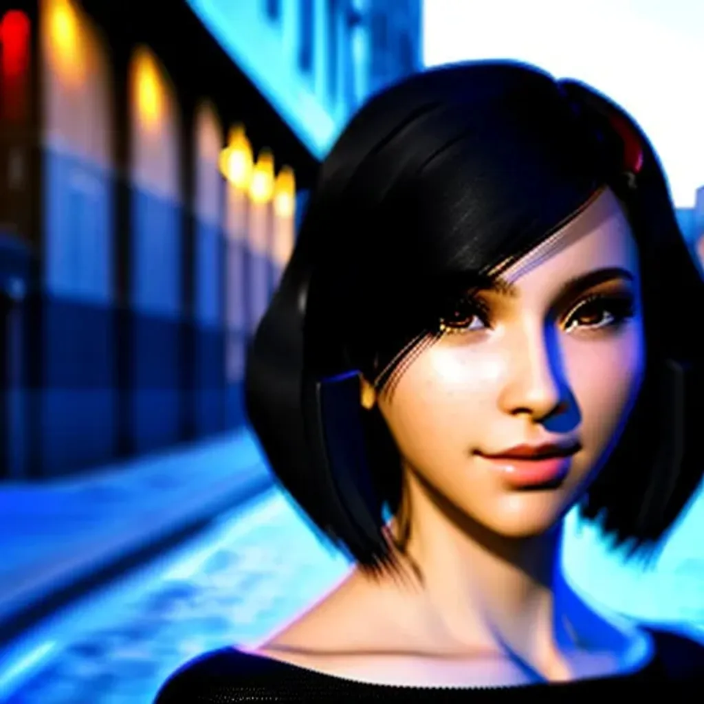 Prompt: a teenage girl, hispanic, black hair, short hair, brown eyes, pale olive skin, rounder face, cute, blue hour, city, cyberpunk, HDRI, masterpiece, smooth, sharp focus, illustration, golden ratio, anime.