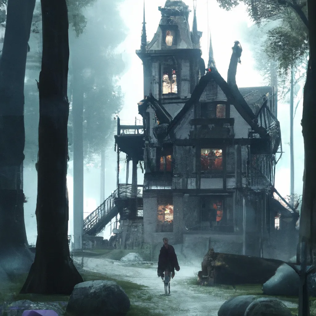 Prompt: haunted mansion in the woods , misty and intense, painting by Eric Gagnon, Keith Thompson, Filip Radovanovic, skeletons in leatherjackets ,ghost flying out, clear picture, trending on artstation, insanely detailed, cinematic lightning,8k, octane render, unreal engine 5, HD Artwork