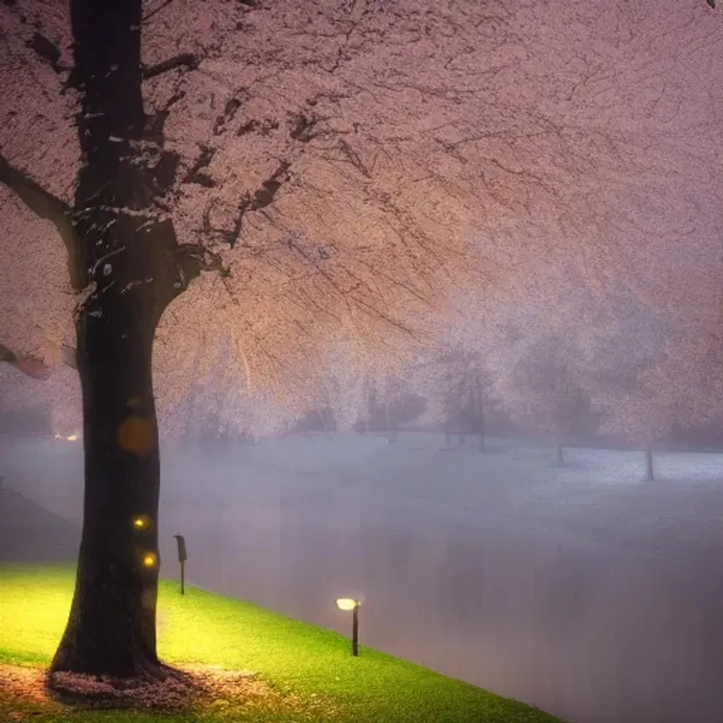 Prompt: low poly cherry trees in creepy park with river and fog at night