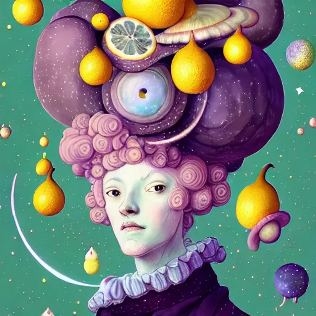 Prompt: Rococo Pastel character portrait, witch, lemons, close portrait, mushrooms, stars, planets, hq, fungi, celestial, moon, galaxy, stars, victo ngai, Ryan Hewett 