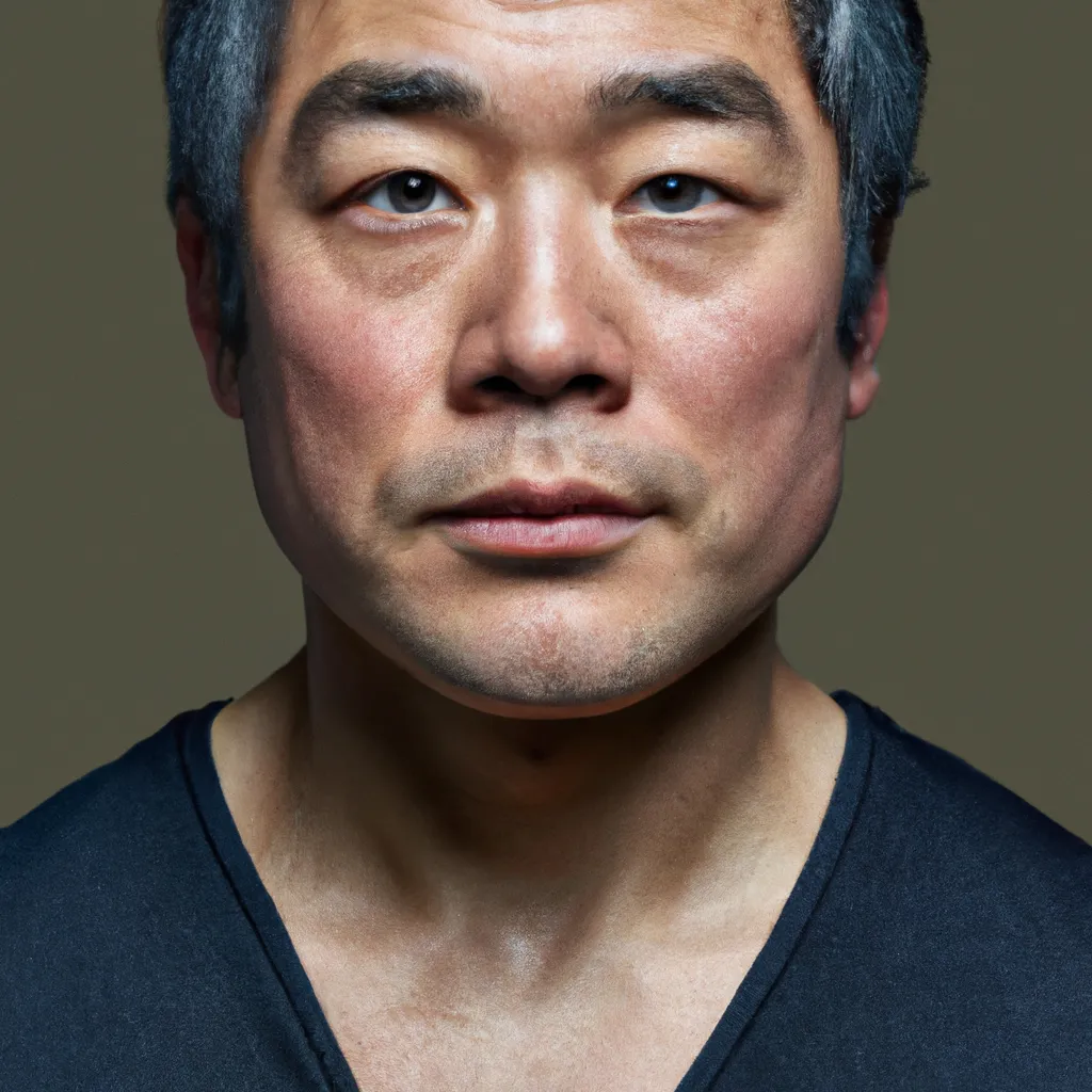 Prompt: Photorealistic portrait of ang lee, fit lean & muscular, gorgeous symmetrical dark brown eyes, black hair, even skintone, facial asymmetry, rosy cheek, soft lighting, cold lighting, fine-arts photography, award-winning photo, by Martin Schoeller 8k high definition  half body