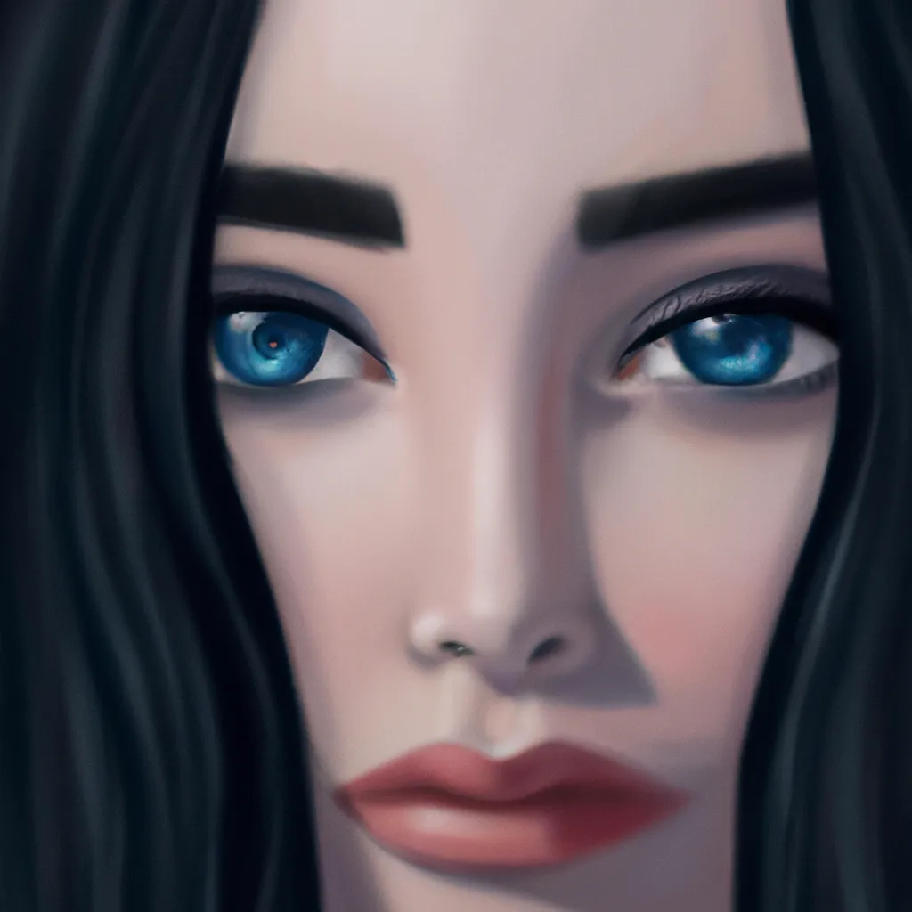 Prompt: Digital portrait of a beautiful woman with big blue eyes and bags under her eyes, black long hair and pale skin, digital art, 3D digital oil painting