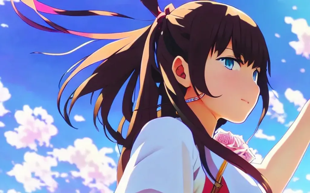 Prompt: a girl looking at the camera, half body composition,  epic composition, colorful, fine details, detailed face, beautiful, anime drawing, anime, masterpiece, award winning, art by makoto shinkai