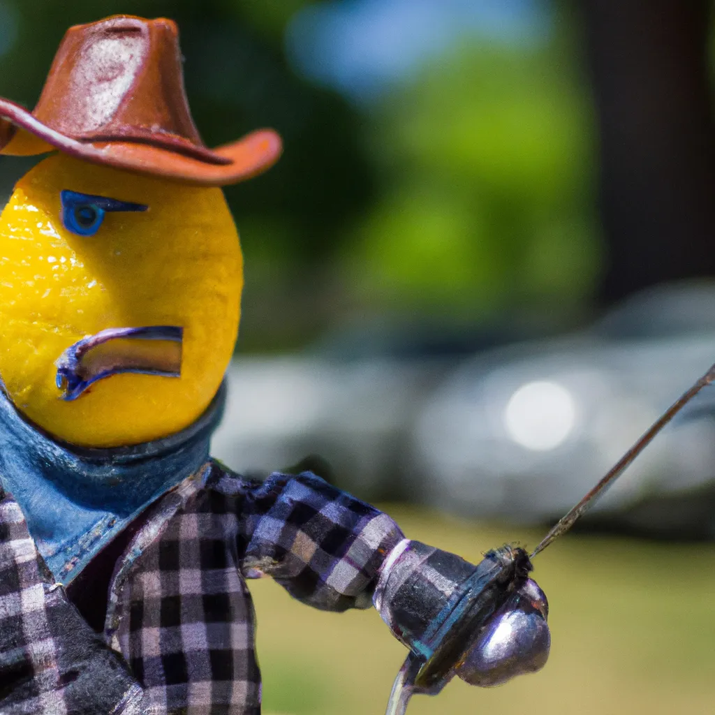 Prompt: A photograph of an angry lemon wearing a yellow plaid shirt blue jeans brown cowboy hat holding a gun, wide shot, outdoors, midday, warm lighting, photorealistic, ultra-HD, candid.