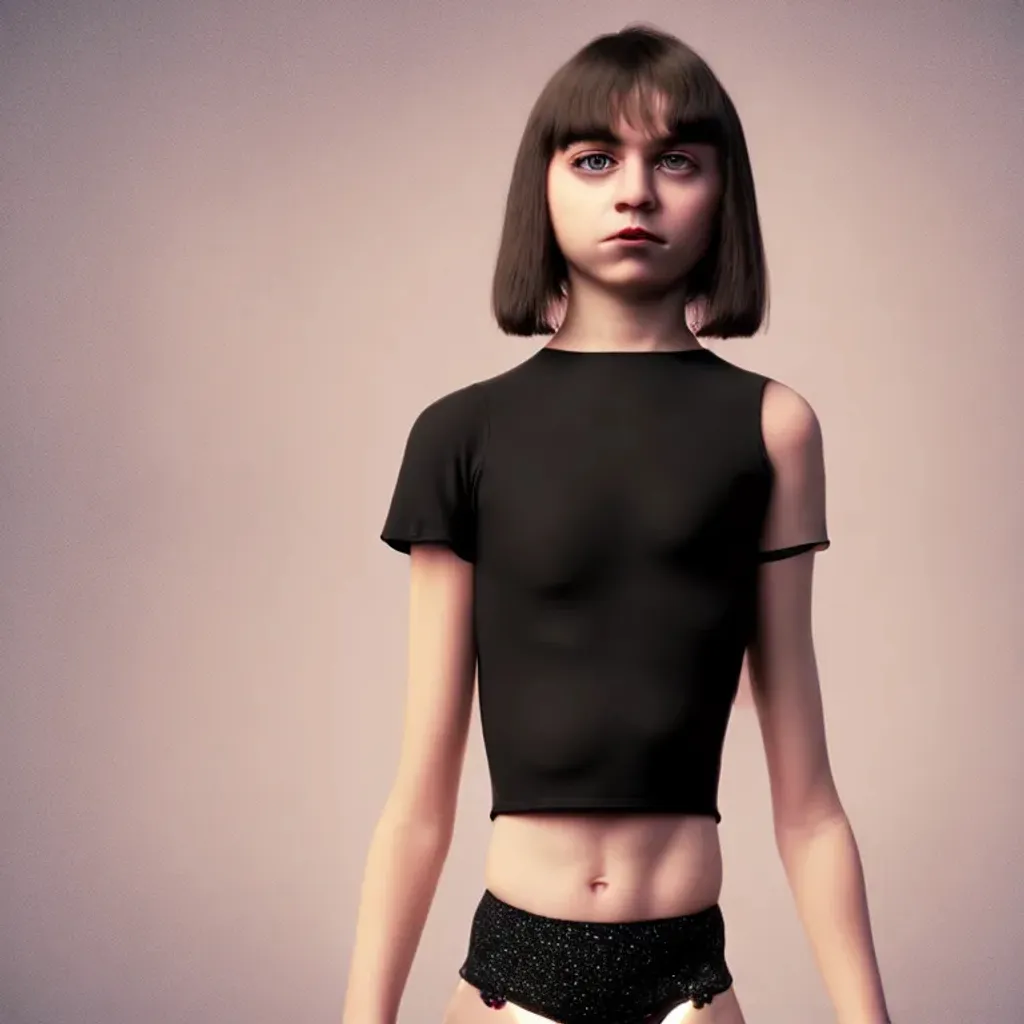 Prompt: full body highly detailed intricate stunning photorealistic symmetrical portrait of a pretty adorable young cute teenager girl looking into camera, by artgem and artstation and greg rutkowski, pure short hair, pale clean skin, bright eyes, eyeliner makeup, minimal clothing, black crop top, black mini skirt, black choker, wearing almost nothing, octane render, cinematic lighting, 4k, 8k, rtx, rait racing, uhd, hyperrealistic, reflections, cgsociety, unreal engine, ambient occlusion, hd