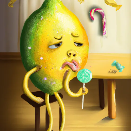 Prompt: lemon full body, eating lillipop and candy, unhappy, kitchen, digital art, 3d, realistic