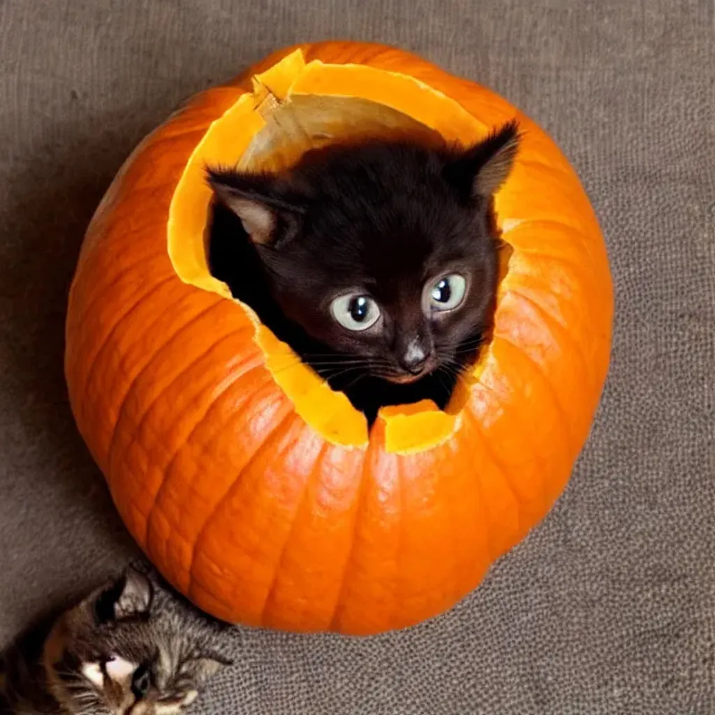 Prompt: Dark Brown kitten sitting inside of a orange pumpkin that is open on the top with a light brown background