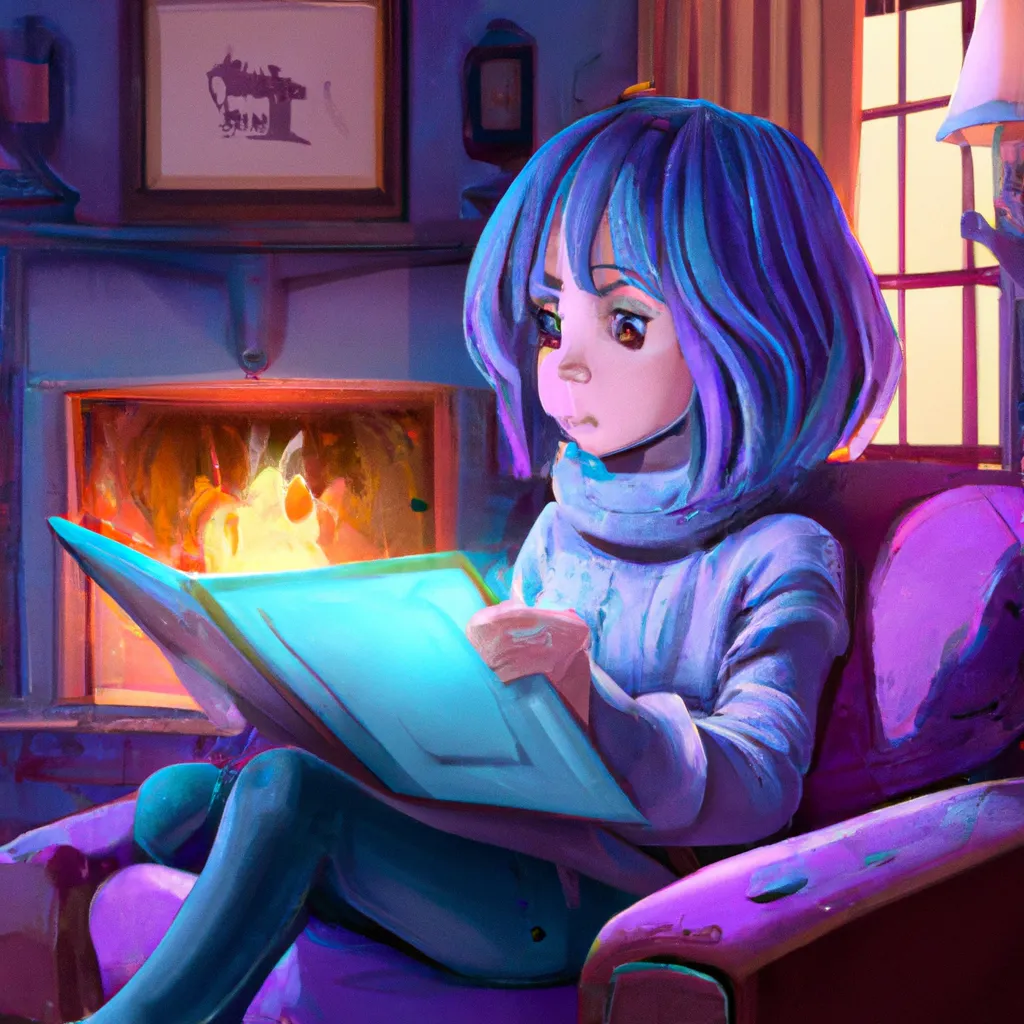 Prompt: Key Disney Visual of a cute anime girl reading a book on a sofa, background is a cozy cabin with a fire, contrasted and bright; purple, blue, green and dark blue color palette; Digital art, trending on artstation, Photorealistic Illustration, anime key visual, cinematic, Ultra detailed