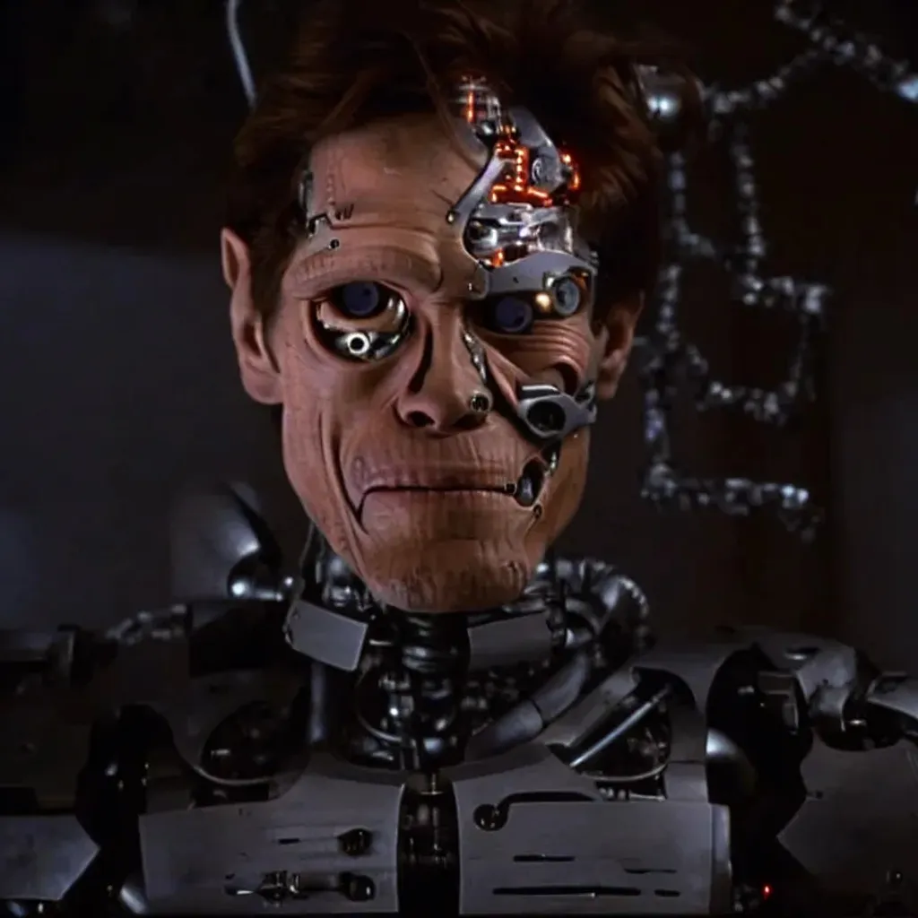Prompt: Movie screenshot of Willem Dafoe as a Cyborg, 2003