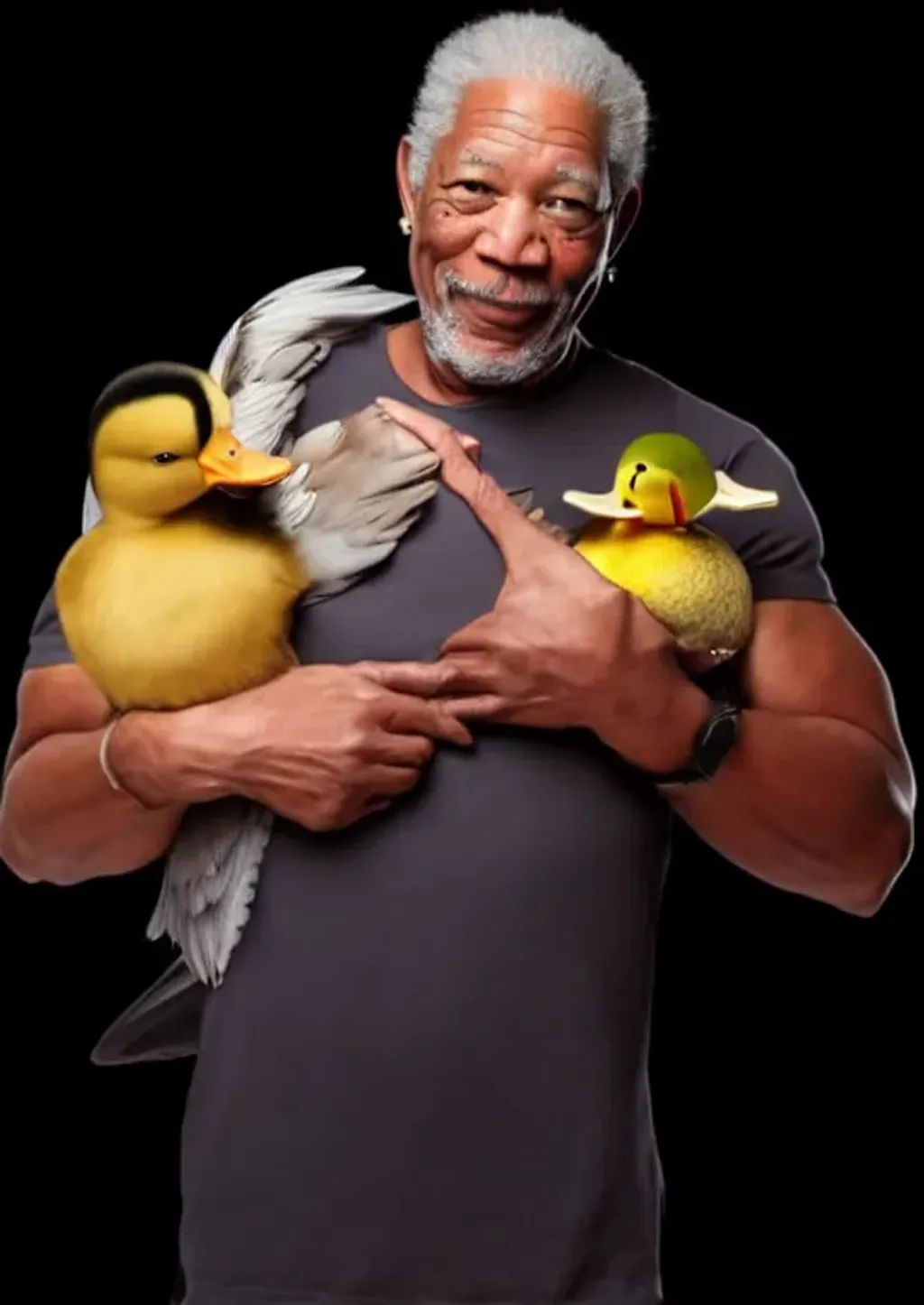 Prompt: Morgan Freeman holding a duck, yolked, muscle, 4K, 8K, High resolution