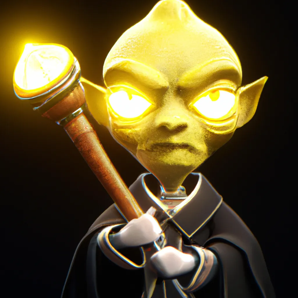 Prompt: an ultra detailed digital art of a yellow lemon character wearing a black robe and holding a magical cane + accurate facial features + 8k + octane render