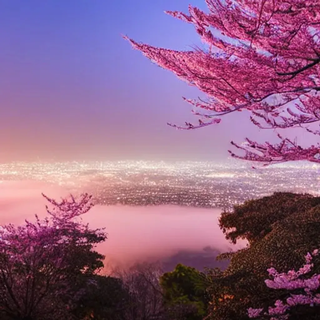 Prompt: mountains and cities covered in cherry blossom, soft light with fog, at night with city and ocean in the distance