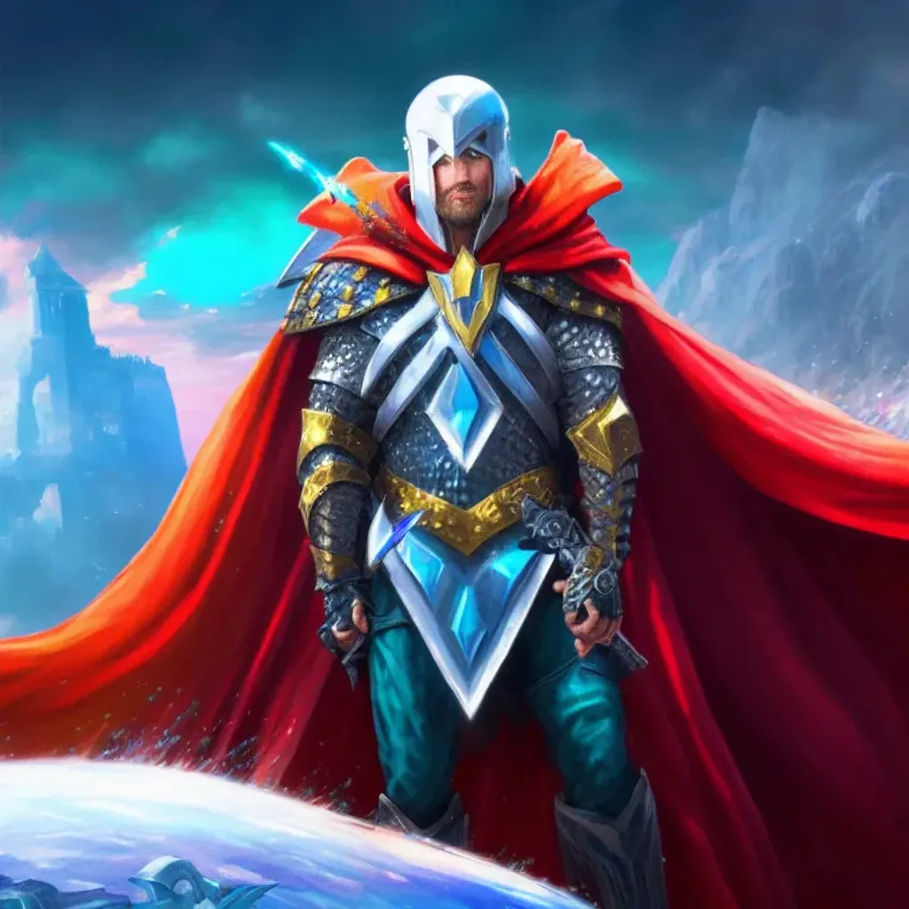 Prompt: man wearing chainmail helmet and blue armor, red cape, movie thumbnail, epic, realistic, detailed, a detailed painting, by Kaja Foglio, trending on Artstation, card game illustration, computer game art, trending on artstattion, leblanc