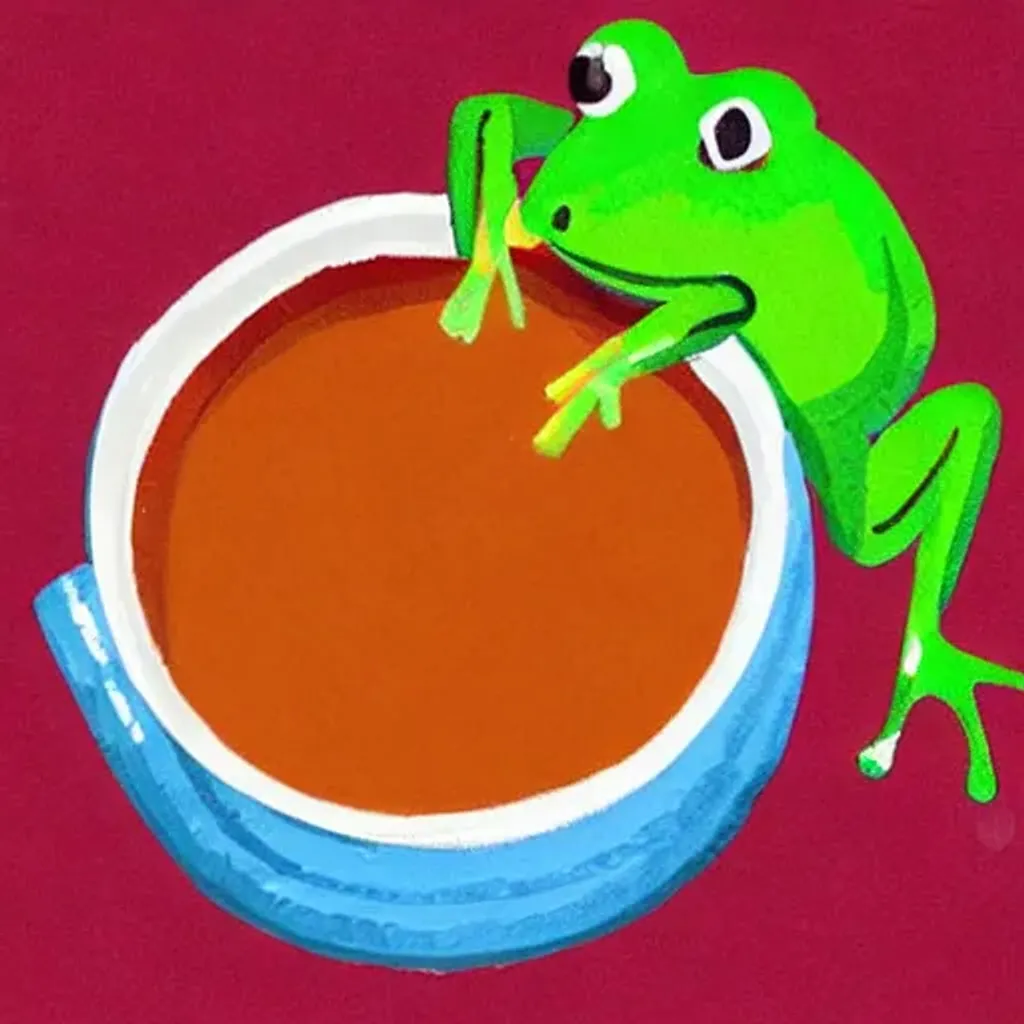 Prompt: Frog Drinking a bowl of Soup
