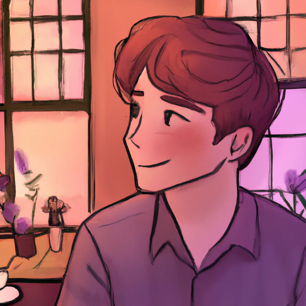 Prompt: Anime art, afternoon, warm detailed colorful slice-of-life miyazaki anime art, beautiful miyazaki-style art, handsome broad-jawed Austrian man with short red-brown hair at a coffeeshop, wearing lavender dress shirt, profile picture, smiling for camera, face focus, looking at camera