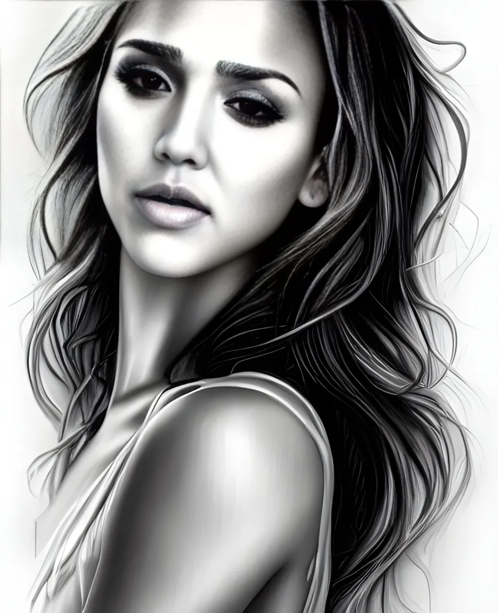 Prompt: pencil full body portrait of Jessica Alba, standing character, detailed gorgeous face, elegant, sensual pose, muscular, illustration, pencil painting, highly detailed, soft lightning, by Victoria Francés, by Anne Stokes, by Julie Bell