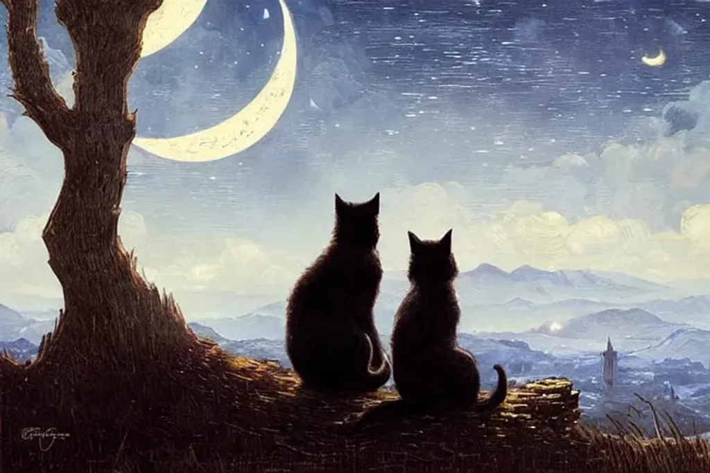 Prompt: Two cats sitting:: starring at the moon, Fantasy Concept Art, Detailed Realistic Surrealism, Detailed Digital Illustration by Greg Rutkowski and Magali Villeneuve and Van Gogh starry night