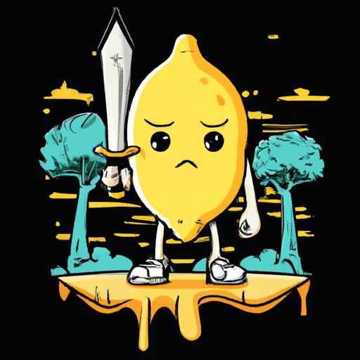 Prompt: Lemon character at a forest holding a sword T-Shirt design 