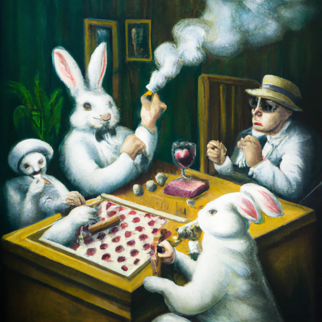 Prompt: cigar smoking bunny`s playing boardgame oil painting

