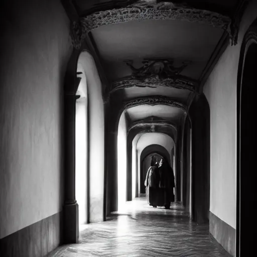 Prompt: dark long grey castle hallway full on wrong ways. and masked demons. monochromatic brown.