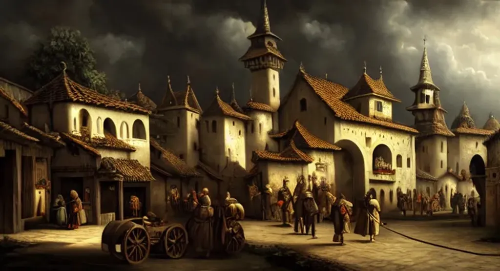 Prompt: a baroque oil painting of a medieval village, dark atmosphere, gloomy sky, bland colors, intricate, (attention to detail), (highly detailed), ((high quality oil painting)), (aspect ratio 16:9), (((in the style of kentaro miura)))