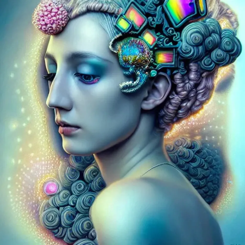 Prompt: photorealistic futuristic surrealism, 8k, attractive, ethereal, elegant, rococo teenager queen with intricate rainbow piezoluminescence mandelbrot tattoos, trending on artstation, intricate details, highly detailed, soft colors, muted colors, masterpiece, perfect moment, by Artgerm, Gerhard Richter, Anna Dittmann, Thomas Kinkade