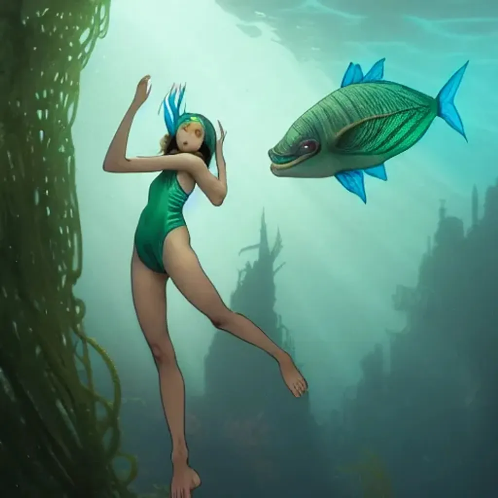 Prompt: cute fish girl with green scales exploring underwater in modest kelp swimsuit and anglerfish and coral and underwater city ruins and tunnels. and refracted dim light, complex, fantasy, dramatic, horror, lovecraftian, anime, digital painting, artstation, smooth, sharp focus, illustration, art by artgerm and greg rutkowski and alphonse mucha and h r giger and François Dumoulin and Etsy