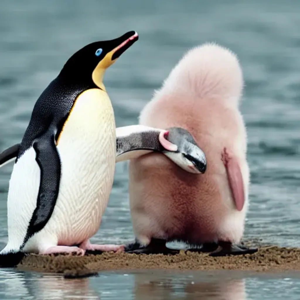 Prompt: Axolotl beating up a penguin