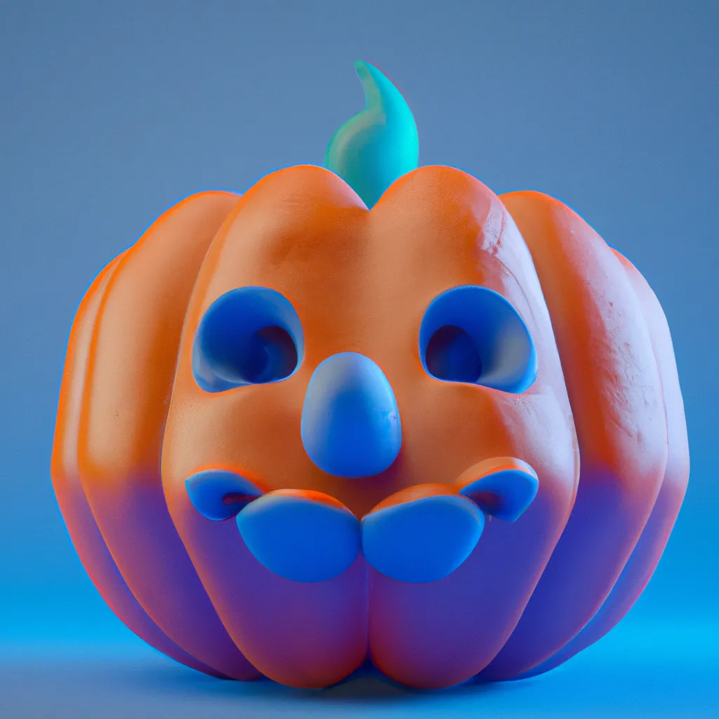 Prompt: cute 3D render of a colorful pumpkin head in a clay style, frontal view, blue spooky forest background, substance 3d painted, blender, smooth texture, high resolution, trending on behance.net, by Carlos Behrens