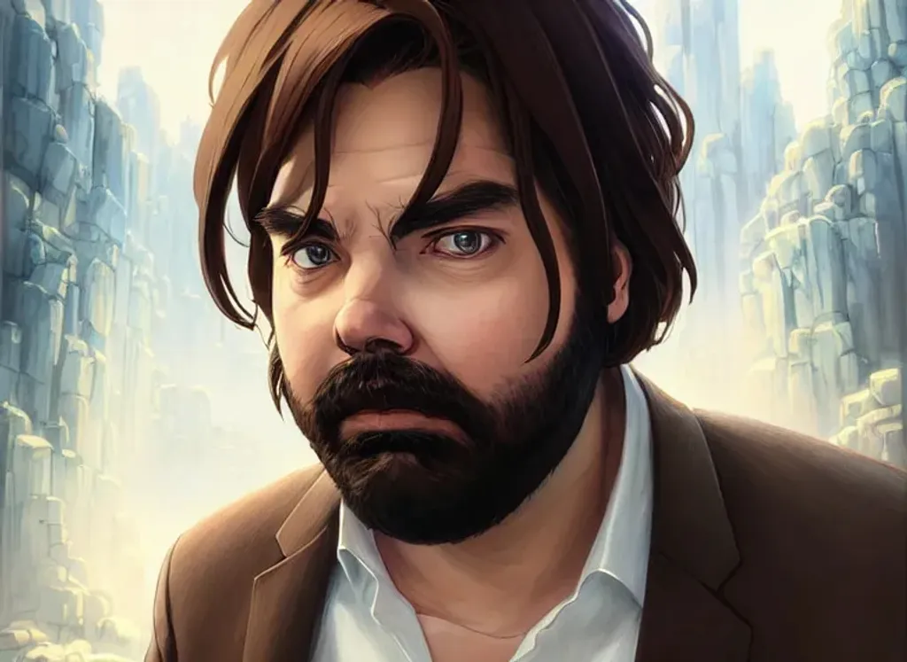 Prompt: portrait of a {Matt Berry in a white shirt and brown pants}, big dreamy eyes, beautiful intricate beard, symmetrical, anime wide eyes, dramatic lighting, detailed face, by Leiji Matsumoto, stanley artgerm lau, wlop, rossdraws, concept art, digital painting, looking into camera, pillars and ruins in the distance, full focus, no blur 