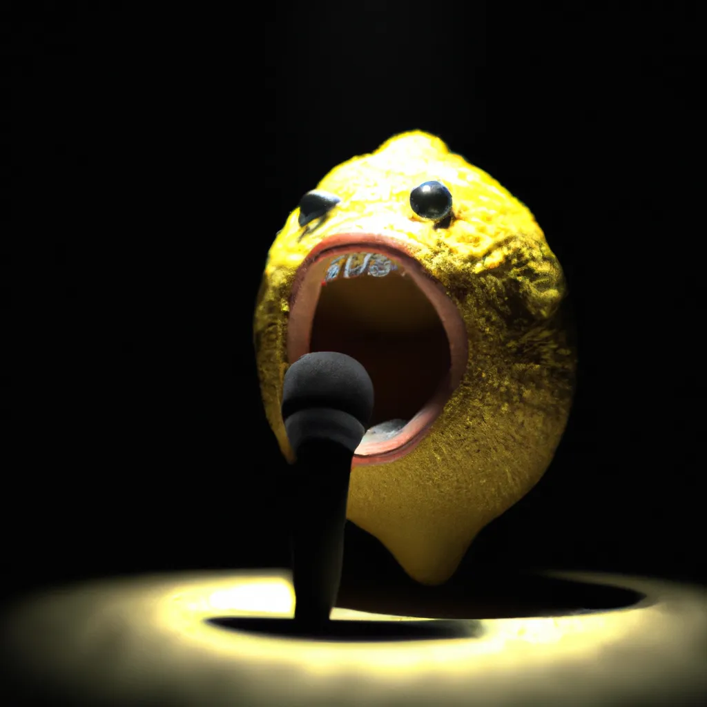 Prompt: bumpy yellow lemon with scared screaming face, screaming into microphone, under spotlight in dark room, close-up, cinematic, octane render, ray tracing art