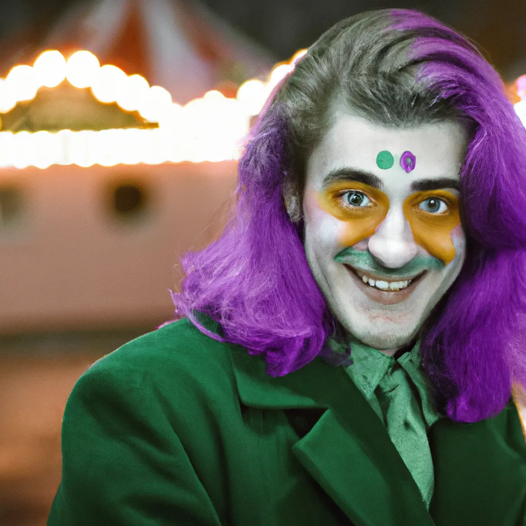 Prompt: A handsome man with clown makeup. Long green hair. A purple overcoat. Dress clothes. The man has a creepy smile. 35 mm film grain. Nikon. Bokeh. At an Amusement park.