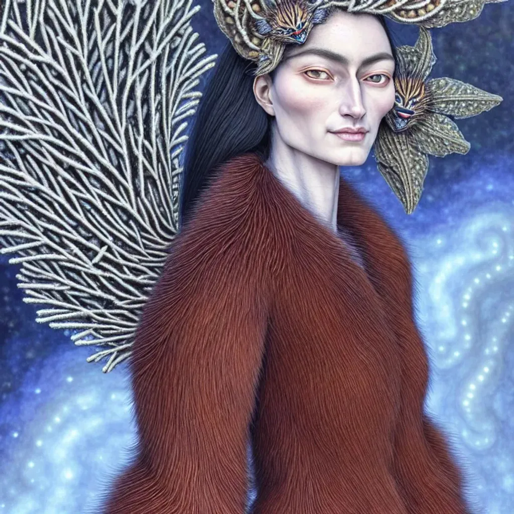 Prompt: humanoid lady fursona, Felinoid, by Amanda Sage, ryan hewett, marie spartali stillman, attractive, elegant, confident, optimistic, smiling, indigo pine red fulvous silver photorealistic beautiful eyes, heavenly look, pearls and Ruby jewelry, highly detailed long silken fur, Winter, background theme fireworks, fractal snowflakes by Ernst Haeckel, Android Jones, furaffinity,  ((centered composition)) ultra realistic, global illumination, occlusion, volumetric lighting, volumetric mist, sharp focus, narrow DoF, 128K UHD Poser, octane  