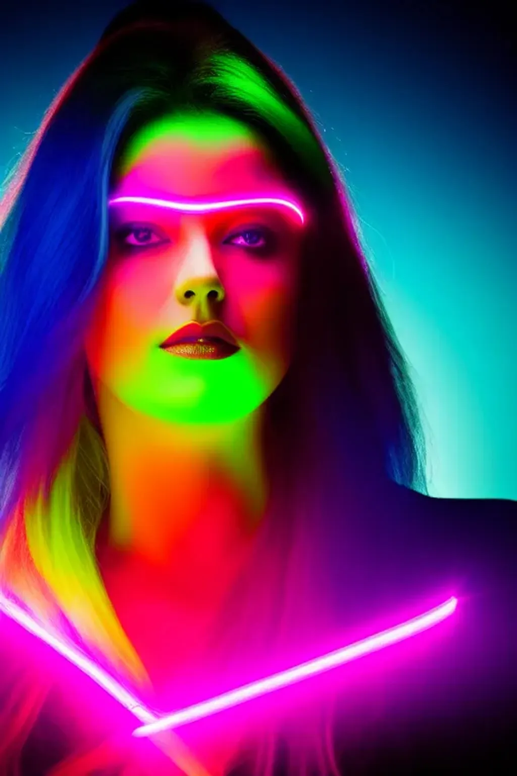 Prompt: Vivid Neon Colors, Portrait Photo of a Women Superhero, medium shot, highly detailed, 