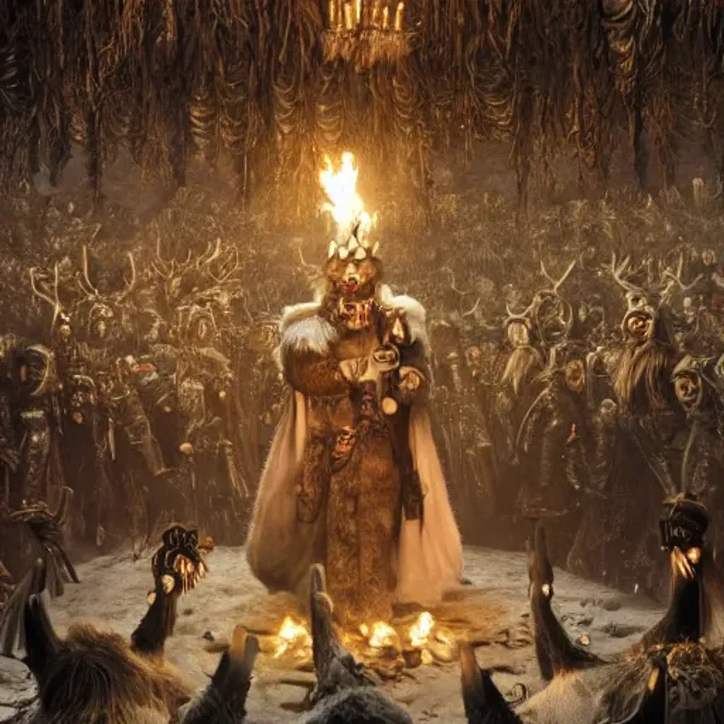 Prompt: ultrarealistic portrait of a cursed king dressed in a deer fur cloak, surrounded by skelleton minions and ravens, with sparks and ashes in the air, torches in the floor, cinematic epic scene, wide view, winter light, detailed, 8 k, trending on cgi society, alfonse mucha, corradini and belkinsk, volummetric light