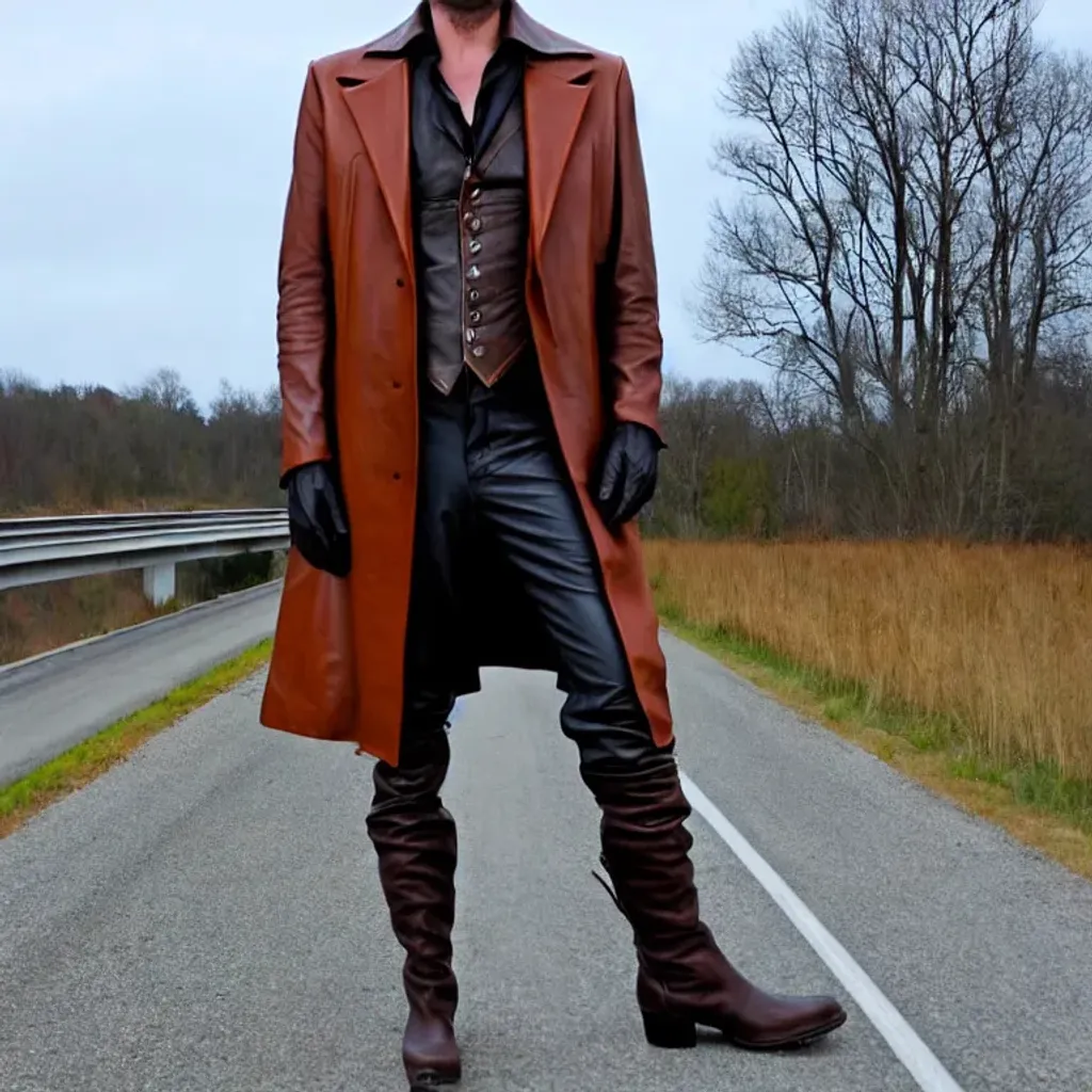 Prompt: Katch saw a tall man standing on the side of the interstate. The tall man was dressed in a dark-rust-color leather long coat and pants, a matching wide-brimmed leather gambler hat, and matching knee-high leather hobnail boots. The metal fasteners, hobnails, clasps, and rivets in the tall man's clothes were all dark-rust-color as well. Katch noticed that the man had reddish-tan skin. The tall man was 7 feet 9 and a half inches in height. 