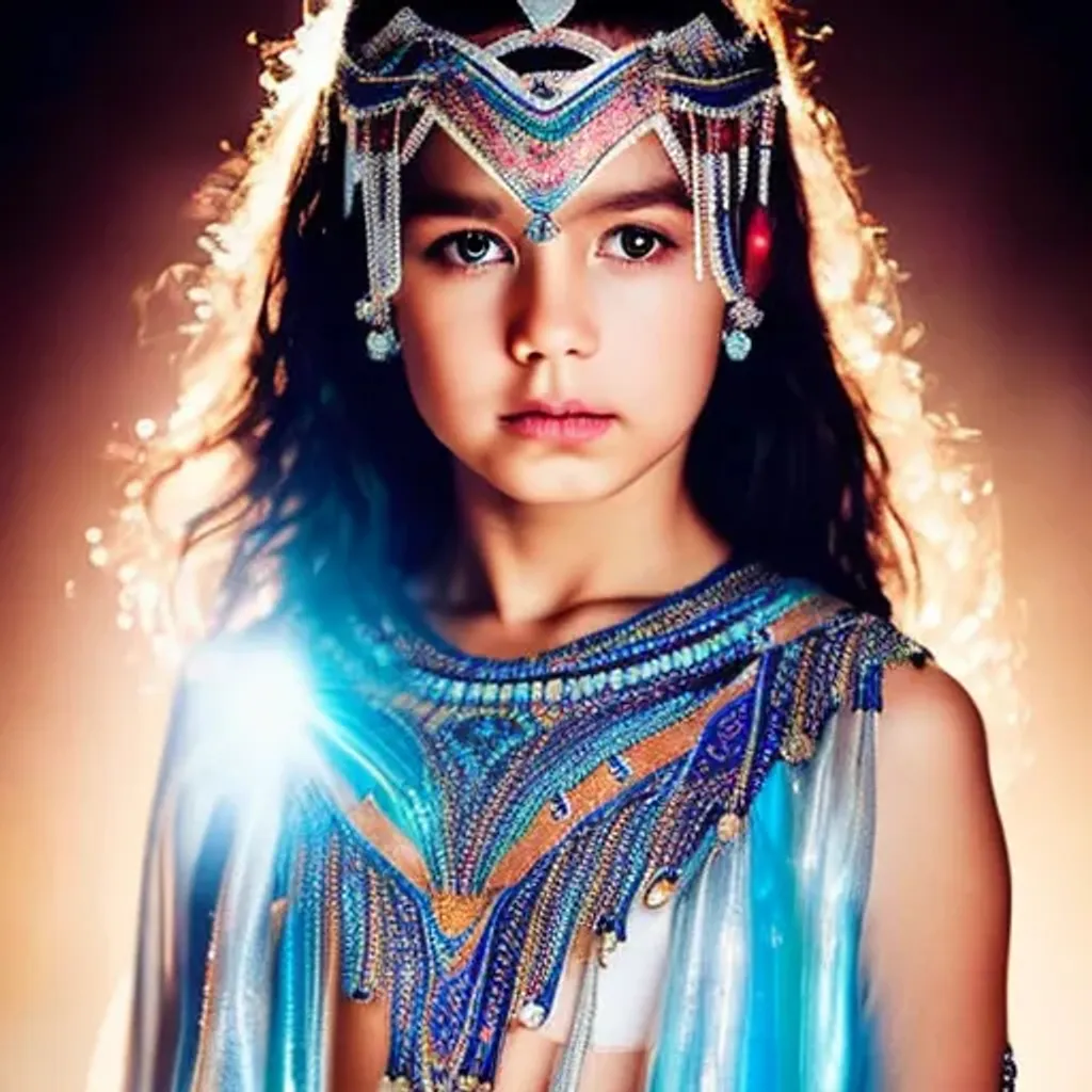 Prompt: cute beautiful {tribal} belly dance child girl from another civilization and race, dressed in beautiful soft transparent silver clothing with geometric symbols, standing on the spaceship, Multidimensional reality, parallel world, closeup portrait with soft light bokeh, beautiful intricate {dark soft hair}, anime wide blue eyes, natural color of lips, symmetrical face, soft lighting, {deep blue eyes with ultra details}, {deep blue eyes with light reflections}, {{{ultra high blue eyes render details}}}, ultra-realistic, {smooth soft skin}, sharp eyes, cute smile, {eyes with reflection}, bright soft light from the behind, {5 fingers with ultra high details and render quality}