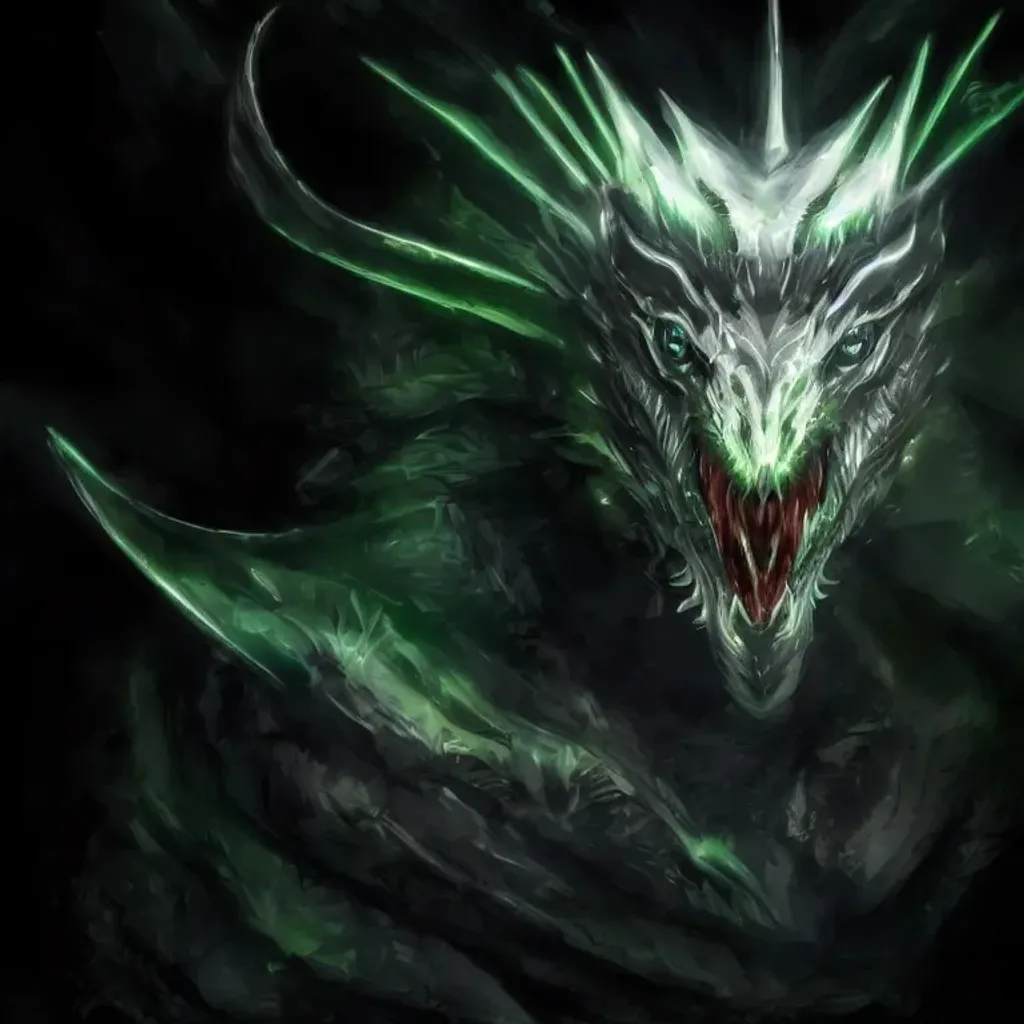 Prompt: a cool stunning dragon, silver sharp streamlined armor, detailed head, sharp claws, glowing green LED eyes