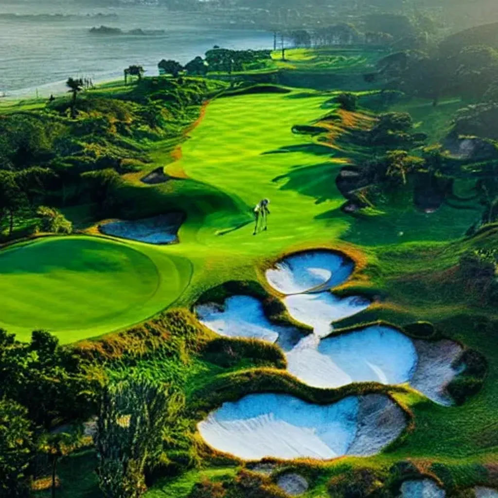 golf course along the ocean, early morning rain, aer...