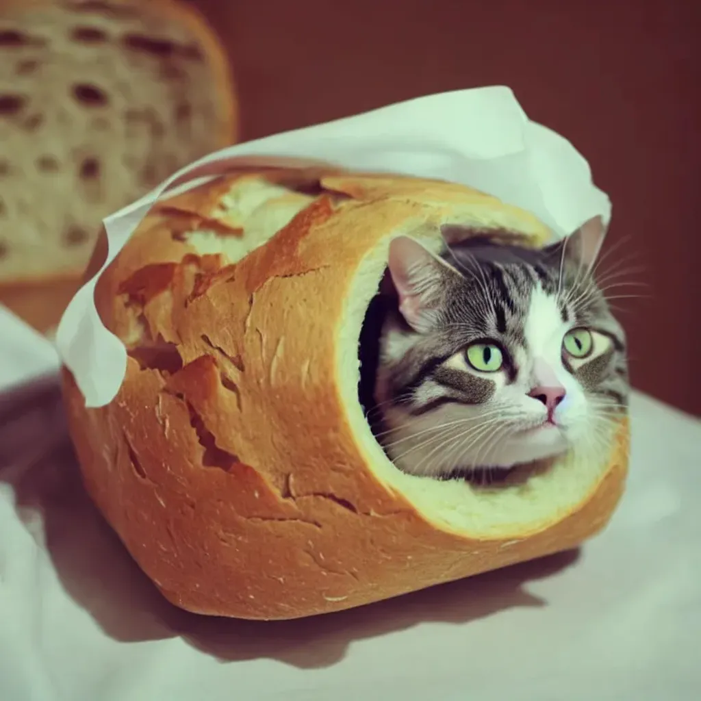 Prompt: Cat Inside a loaf of bread On top of a table with a white tablecloth, complementary colors, Directly viewing the camera, ray tracing, 8k, high quality, trending art, trending on artstation, sharp focus, studio photo, intricate details, blurred background, Rolled up with a paper