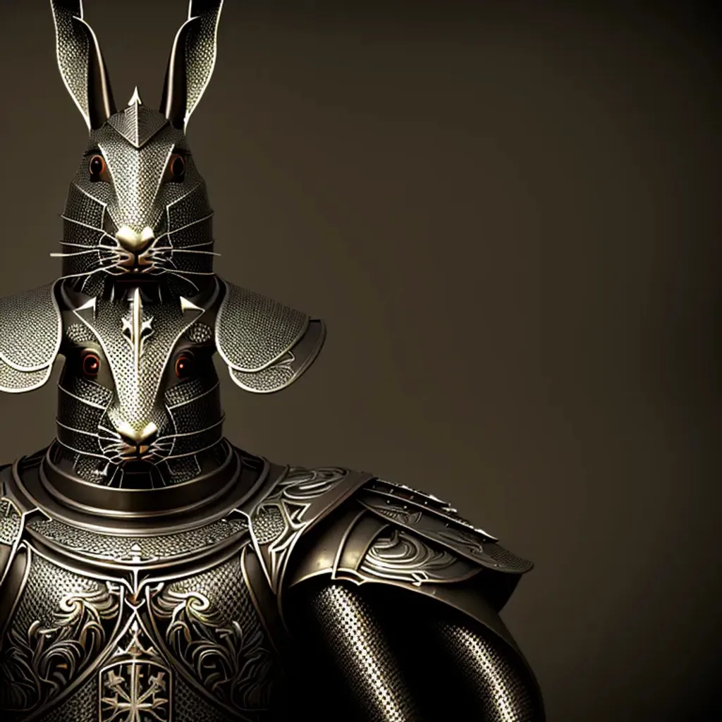 Prompt: Anthropomorphic majestic rabbit king, portrait, (((symmetrical))), finely detailed house stark armor, cinematic lighting, intricate filigree metal design, 4k, 8k, unreal engine, octane render, carbon, cyborg, engraved