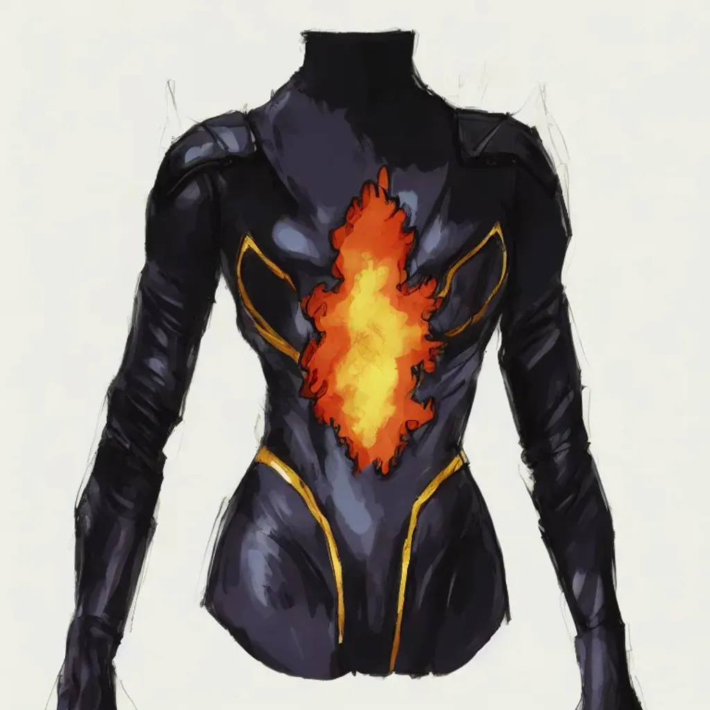 Prompt: Female Fire Superheroine Outfit, Design by John Booth