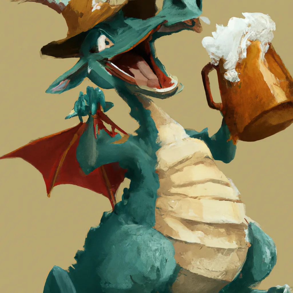 Prompt: A happy dragon with a German Oktoberfest hat and an overflowing tankard, greg rutkowski, andreas rocha, RHADS, digital art, artstation, 