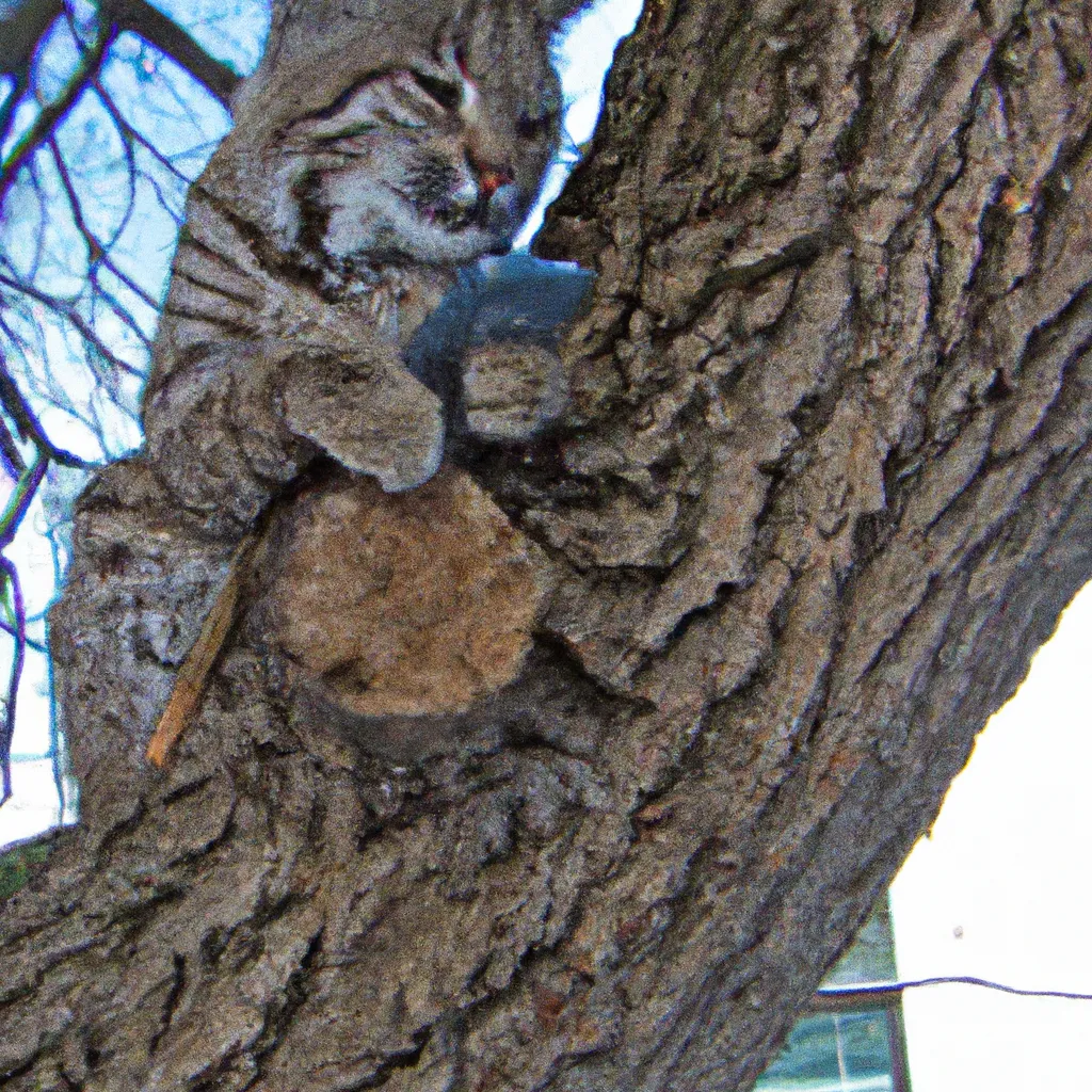 Prompt: Jeff the bobcat is sitting in a tree, looking at his cell phone.  photo